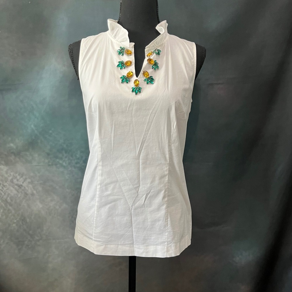 Talbots RSVP White Sleeveless Ruffle Neck Pineapple Jewel Top Small